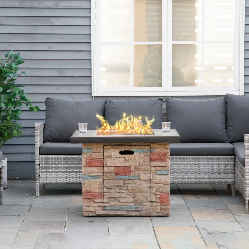 Outsunny 32 Inch Outdoor Propane Gas Fire Pit Table, 50,000 BTU Auto-Ignition Square Faux Ledge Stone Gas Firepit with Lava Rocks and Rain Cover, CSA Certification, Brown - Image 6