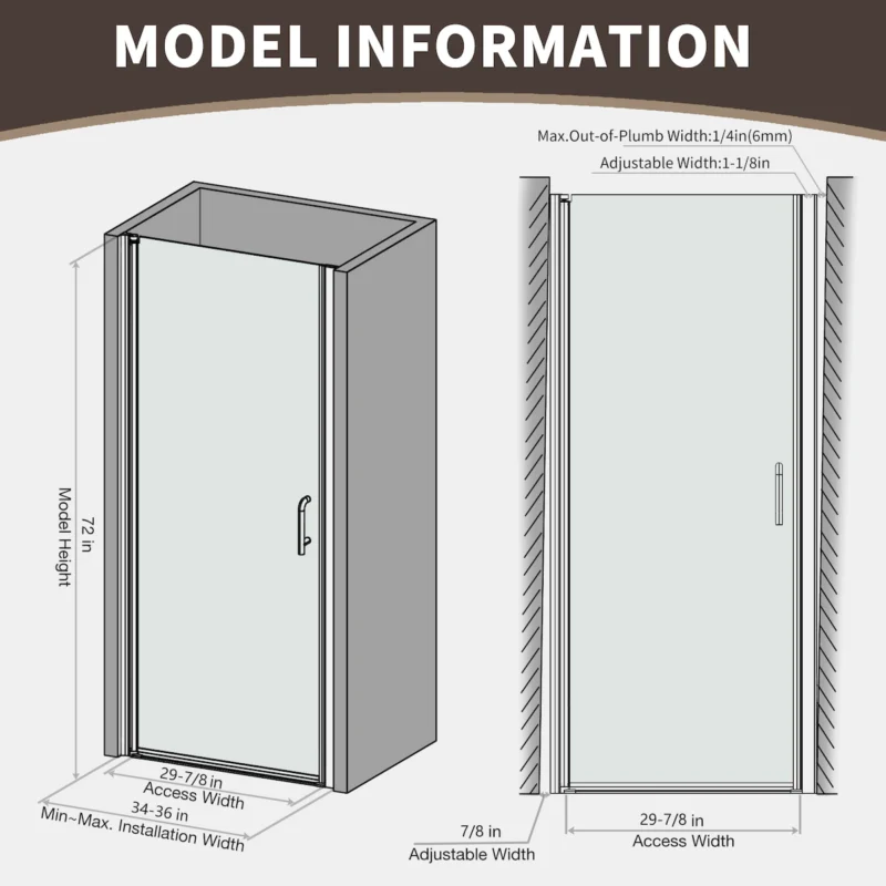 34 In. to 36In. x 72 In Semi-Frameless Pivot Shower Door in Chrome With Clear Glass - Image 13