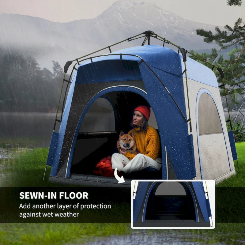 Outsunny Camping Tents 4 Person Pop Up Tent Quick Setup Automatic Hydraulic Family Travel Tent w/ Windows, Doors Carry Bag Included, Blue - Image 2