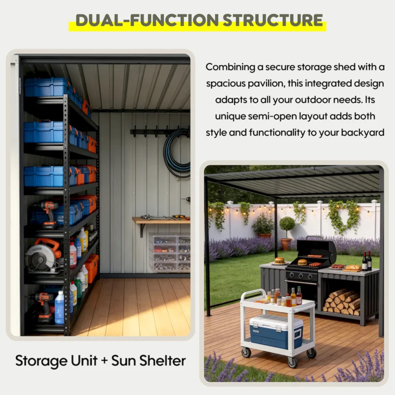 12x4 FT Metal Lean-To Shed with Pergola, 6x4 FT Outdoor Storage Shed & Hardtop Gazebo Combo, 2-in-1 Garden Tool Shed with Open Side for Patio, Backyard, Deck  - Image 9