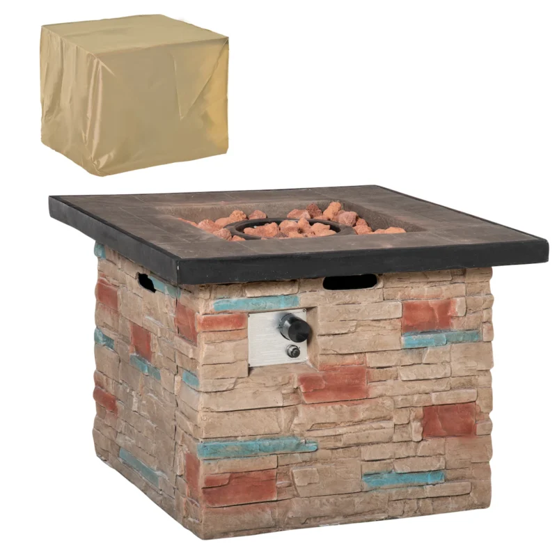 Outsunny 32 Inch Outdoor Propane Gas Fire Pit Table, 50,000 BTU Auto-Ignition Square Faux Ledge Stone Gas Firepit with Lava Rocks and Rain Cover, CSA Certification, Brown - Image 5