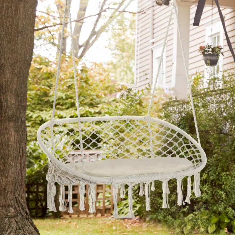 Outsunny 2-Person Hammock Chair Macrame Swing with Soft Cushion, Hanging Cotton Rope Chair for Indoor Outdoor Home Patio Backyard, White - Image 3