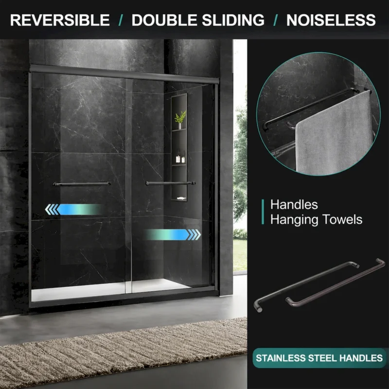 60'' W x 74'' H Door Sliding Frameless Shower Door with 6mm Tempered Glass LYM-02 Mat Black  - Image 8