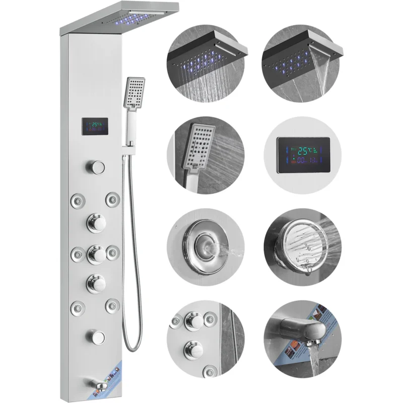 Shower Panel System, 6 Shower Modes, LED & Screen Hydroelectricity Shower Panel Tower, Rainfall, Waterfall, 8 Massage Jets, Tub Spout, Handheld Shower, Stainless Steel Wall-Mounted Shower Set  - Image 4