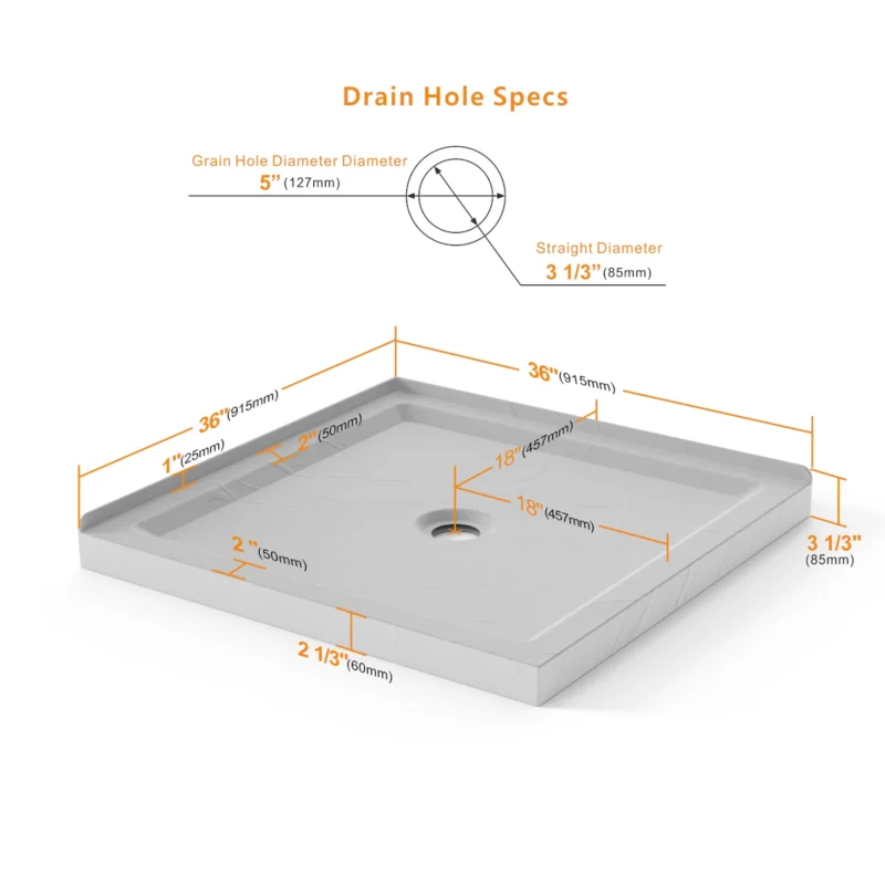 Goodyo 36"x36" Shower Pan 3.3" Height Double Threshold Shower Base in Slate White, Anti-slip Acrylic, Center Drain (no Drain Sets)  - Image 3