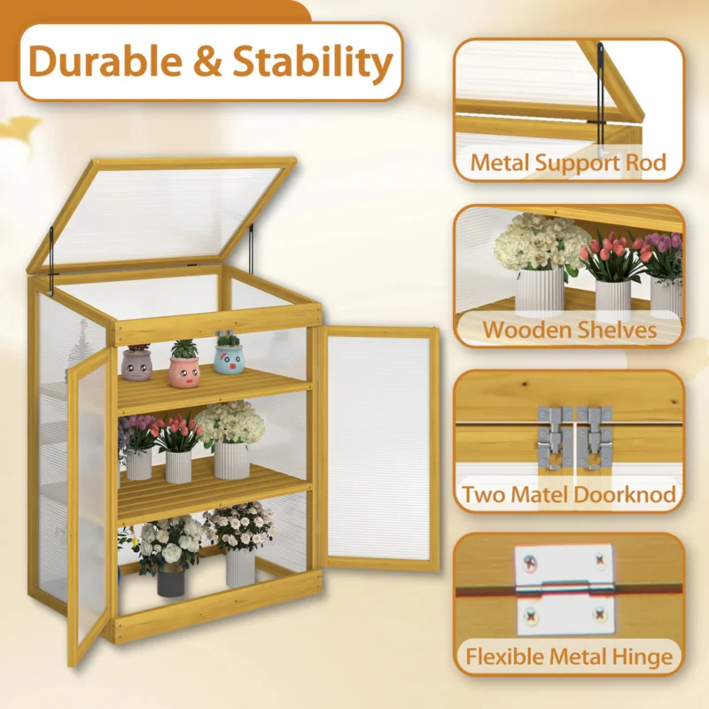 Greenhouse Wooden Cold Frame Greenhouse, Mini Greenhouse for Outdoor, Polycarbonate Garden Greenhouse Cabinet 2-Tier, Keep Plant Warm Enough - Image 2