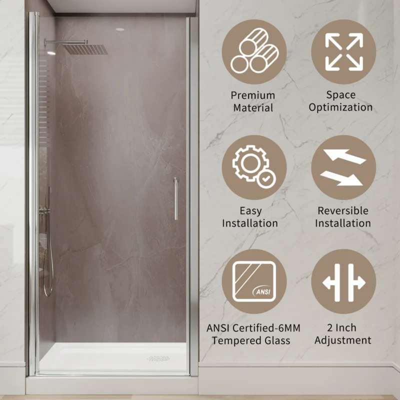34 In. to 36In. x 72 In Semi-Frameless Pivot Shower Door in Chrome With Clear Glass - Image 11