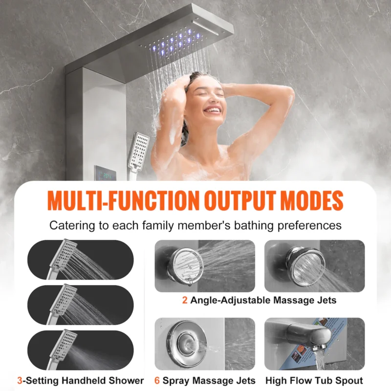 Shower Panel System, 6 Shower Modes, LED & Screen Hydroelectricity Shower Panel Tower, Rainfall, Waterfall, 8 Massage Jets, Tub Spout, Handheld Shower, Stainless Steel Wall-Mounted Shower Set  - Image 3