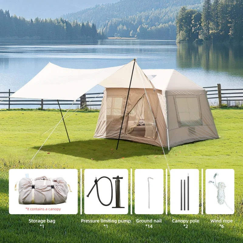 5.72m² Inflatable Camping Tent, Easy Setup 4 Season Windproof Glamping Tent with Mesh Windows & Pump, Outdoor Cotton Tent - Image 7