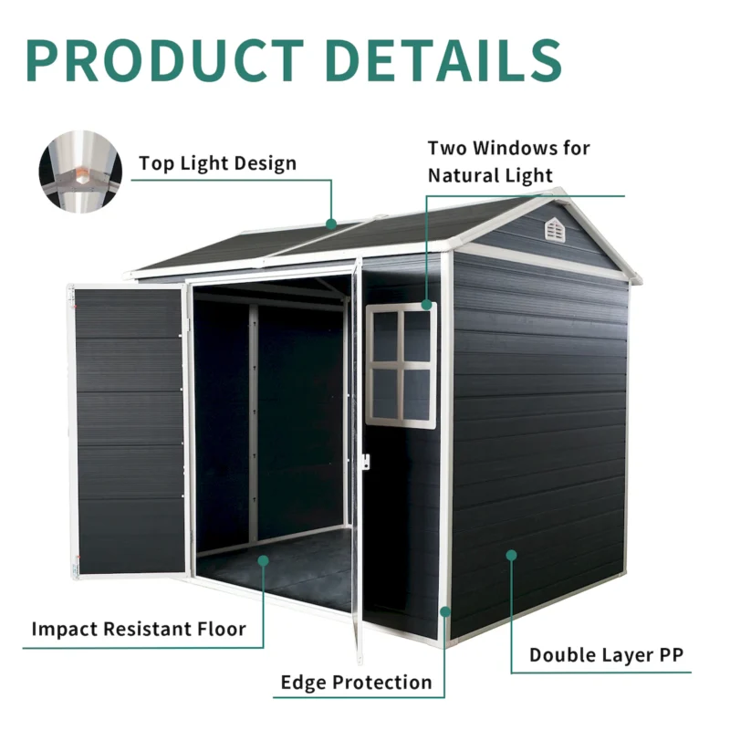 8x4ft Outdoor Resin Garden Shed with Floor and 2 Windows, Plastic Patio Outdoor Storage Shed with Lockable Door for Garden Tools, Bicycles, Trash Cans, Black  - Image 8