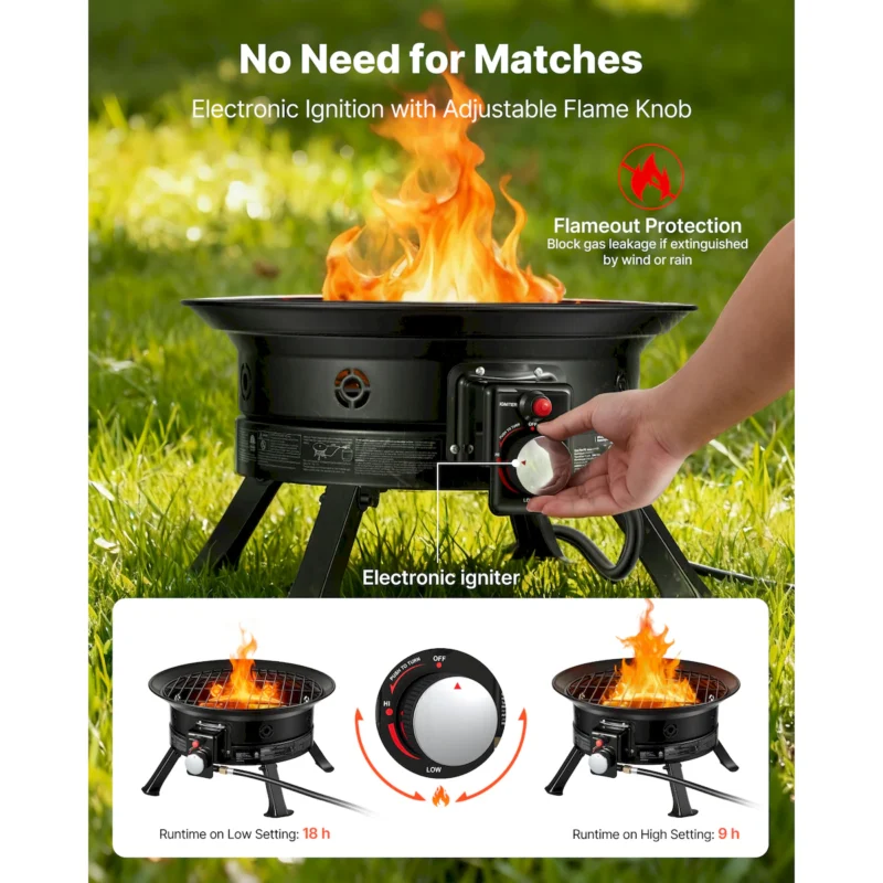 Propane Fire Pit 19-Inch, 53,000 BTU Portable Gas Fire Pit, with Grill Grate & Lava Rocks, Adjustable Flame, Folding Legs,Smokeless Outdoor Firebowl for Camping, Patio, Backyard, Deck, RV, Black - Image 3