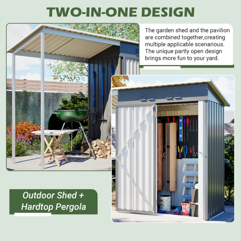 Durable 5x3FT Galvanized Steel Shed & Gazebo Combo, Easy Assembly Lean-To Storage with Open Pergola, All-Weather 2-in-1 Garden Shed for Tool Storage, Patio, Backyard  - Image 16