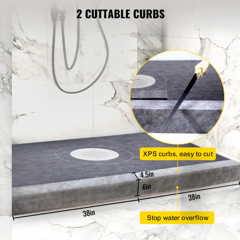 Shower Curb Kit, 38"x60" Watertight Shower Curb Overlay with 4" ABS Central Bonding Flange, 4" Stainless Steel Grate, 2 Cuttable Shower Curb and Trowel, Shower Pan Slope Sticks Fit for Bathroom - Image 4