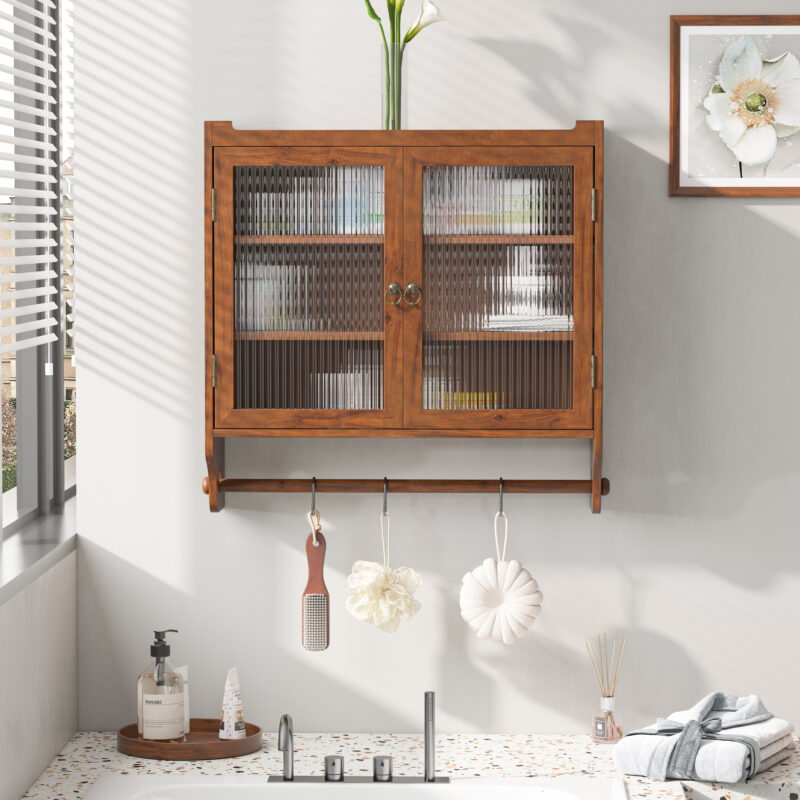 24.8"Glass Door Vintage Double Door Wall Cabinet with Three Tiers of Storage with Towel Rack, for Bathroom, Kitchen,Dining Room - Image 3