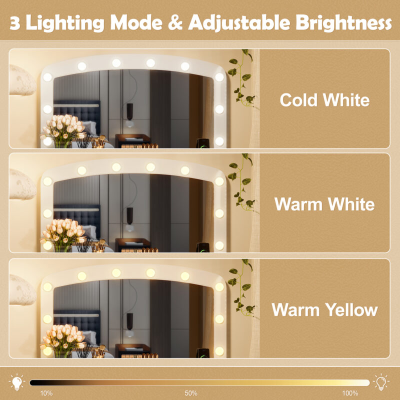 Luxurious Makeup Vanity with 10 Hollywood Bulbs, 3 Color Lighting Modes, Classic Dressing Table with Cushioned Stool and 9 Storage Drawers for Bedroom - Image 3