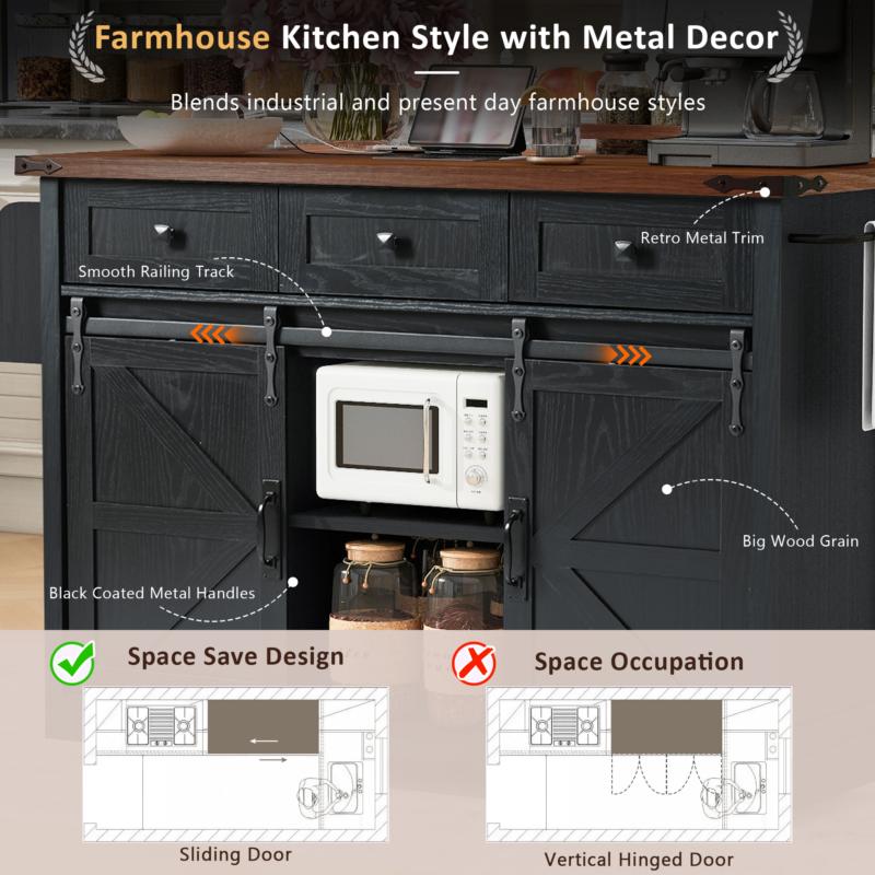 K&K 53.7" Farmhouse Kitchen Island with Power Outlet, 2 Sliding Barn Door Kitchen Storage Island with Drop Leaf, Spice Rack Rolling Kitchen Cart on Wheels, for Home, Kitchen and Dining Room - Image 17