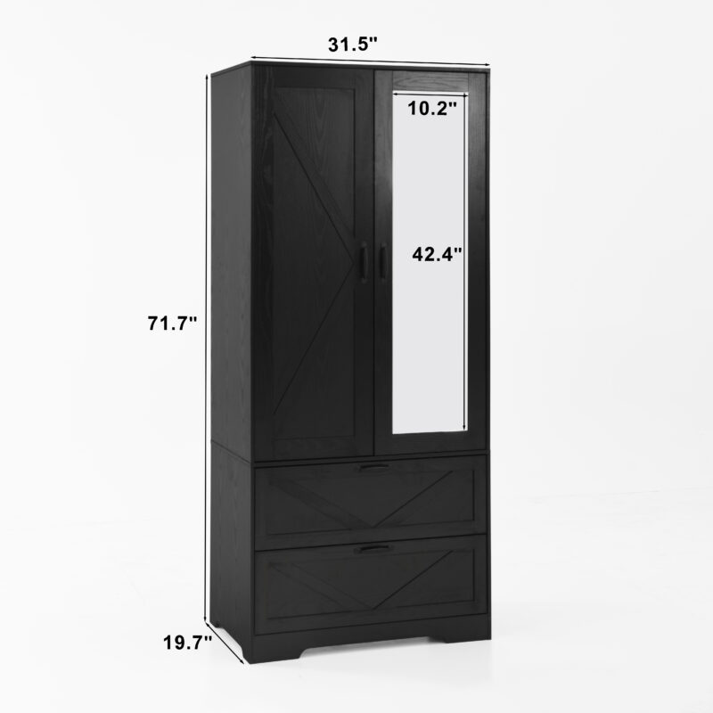 2 Door Wood Wardrobe for Bedroom with Hanging Clothing Rod inside the Cabinet and 2 Drawers for Storage Organization, Built-in induction light Multifunctional Closet with Mirror - Image 10