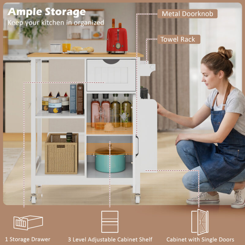 Kitchen Island Cart with Mobile Carts with Storage Cabinet, Rolling Kitchen Table with Spice Rack, Towel Rack, and Drawer, Portable Islands on Wheels - Image 3