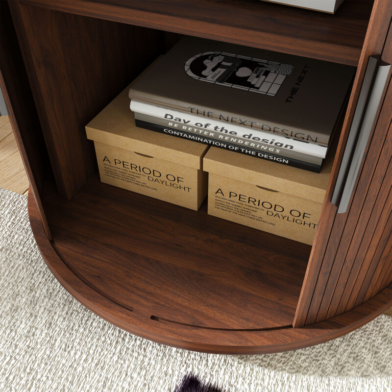 Mid Century Modern Cylinder End Table with Built-in Charging Station & Sliding Door, 2-Tier Storage Round Nightstand with USB Ports, Walnut Bedside Table for Living Room, Bedroom, Entryway - Image 10
