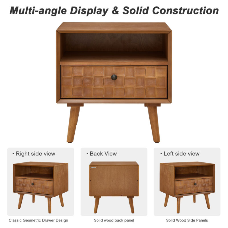 22" Mid-Century Modern Wood Nightstand with Carved Geometric Drawer Front, 1 Drawer and Open Shelf, Solid Wood Legs, Bedside Table for Bedroom - Image 10
