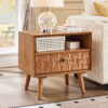 22" Mid-Century Modern Wood Nightstand with Carved Geometric Drawer Front, 1 Drawer and Open Shelf, Solid Wood Legs, Bedside Table for Bedroom