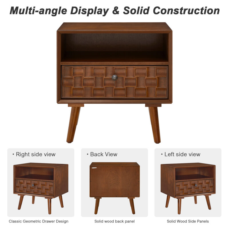 22" Mid-Century Modern Wood Nightstand with Carved Geometric Drawer Front, 1 Drawer and Open Shelf, Solid Wood Legs, Bedside Table for Bedroom - Image 6