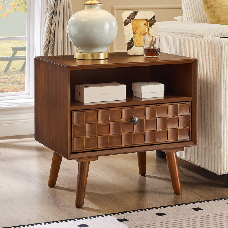 22" Mid-Century Modern Wood Nightstand with Carved Geometric Drawer Front, 1 Drawer and Open Shelf, Solid Wood Legs, Bedside Table for Bedroom - Image 3