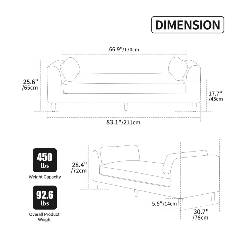 83.1"Wide Modern Upholstered End of Bed Bench with Armrests, Chenille Chaise Lounge Couch with 2 Bolster Pillows, Daybed with Rubberwood Legs For Living Room,Bedroom,Apartment,Guestroom - Image 11