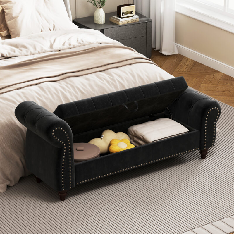 64.5" Bed Bench for Bed Room Nails Tufted Chaise of Lounge with Storage Velvet Upholstery Black - Image 7