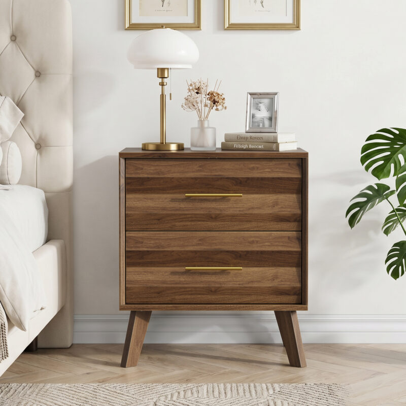 Walnut-colored double drawer bedside table, medieval-style modern bedroom bedside storage cabinet, bedside table with metal handles - Image 2