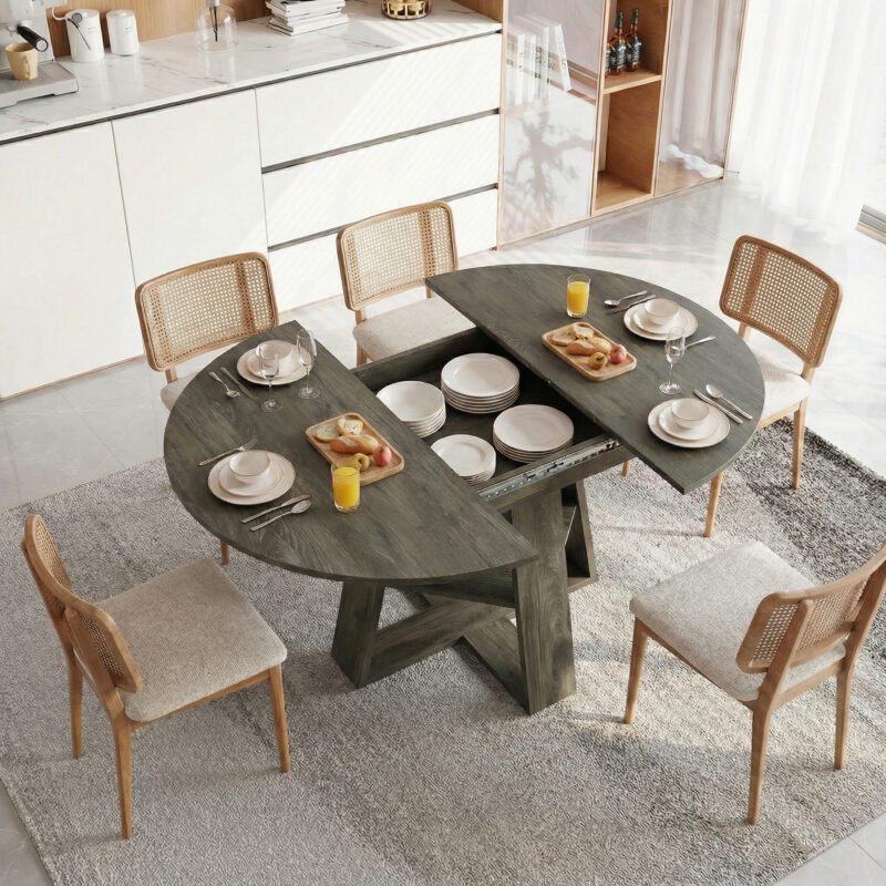 43.3in-59in Extendable Round Dining Table for 4-8,Modern Kitchen Oval Dining Table with Removable Leaves Space Saving,Wood Base with Storage Shelf for Kitchen Living Room - Image 12