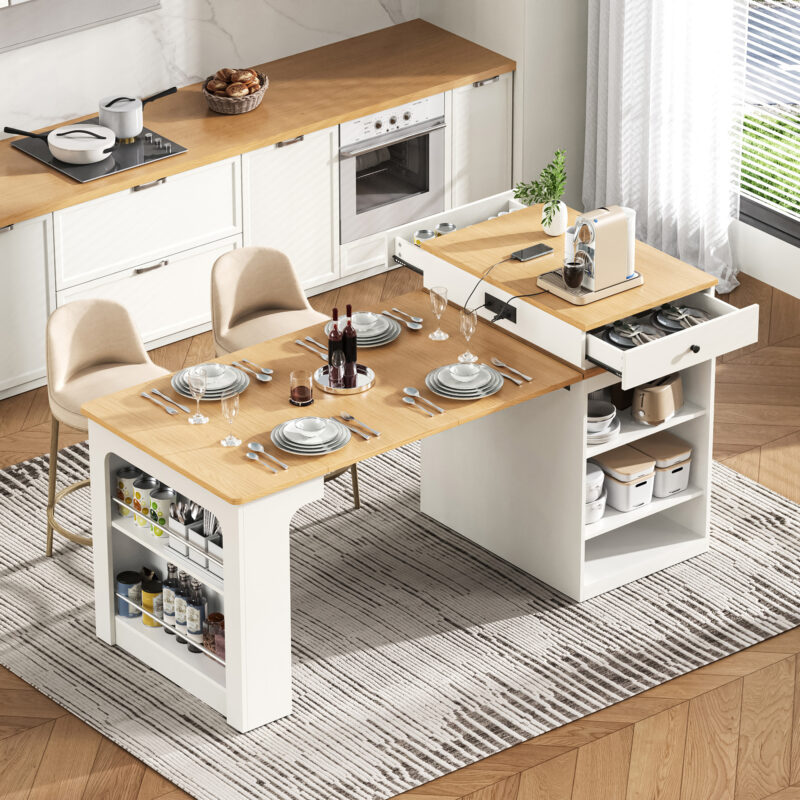K&K 59.5" Kitchen Island with Extendable Dining Table, Kitchen Storage Table with Double-sided Storage, Kitchen Island with 2 Drawers, Power Outlet, Side Open Shelves, for Kitchen, Dining Room - Image 29