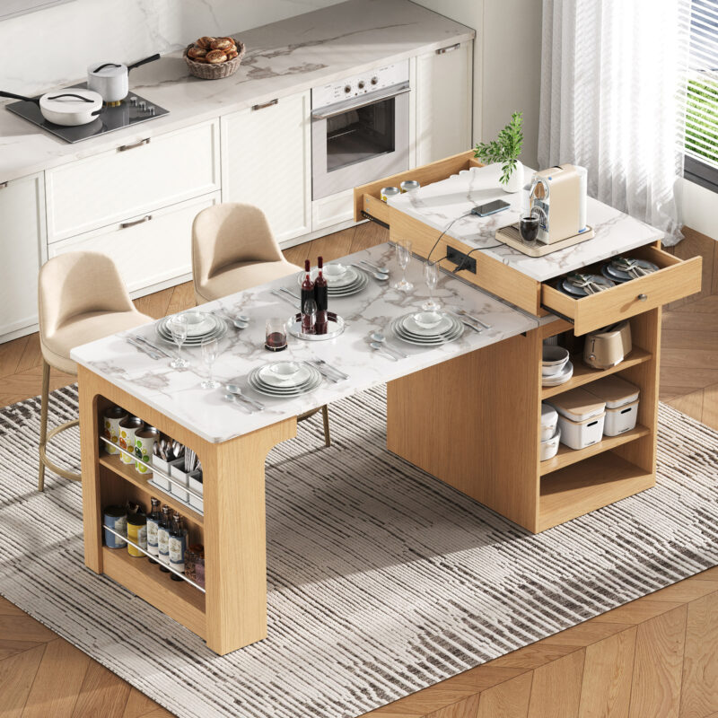 K&K 59.5" Kitchen Island with Extendable Dining Table, Kitchen Storage Table with Double-sided Storage, Kitchen Island with 2 Drawers, Power Outlet, Side Open Shelves, for Kitchen, Dining Room - Image 19