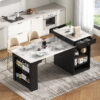 K&K 59.5" Kitchen Island with Extendable Dining Table, Kitchen Storage Table with Double-sided Storage, Kitchen Island with 2 Drawers, Power Outlet, Side Open Shelves, for Kitchen, Dining Room