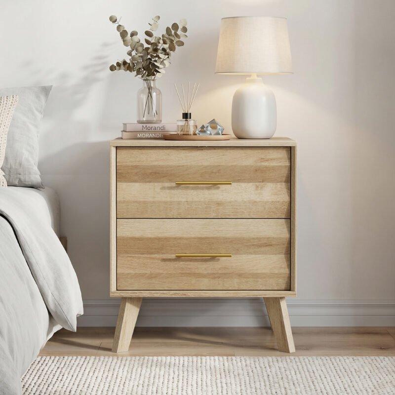 Walnut-colored double drawer bedside table, medieval-style modern bedroom bedside storage cabinet, bedside table with metal handles - Image 8