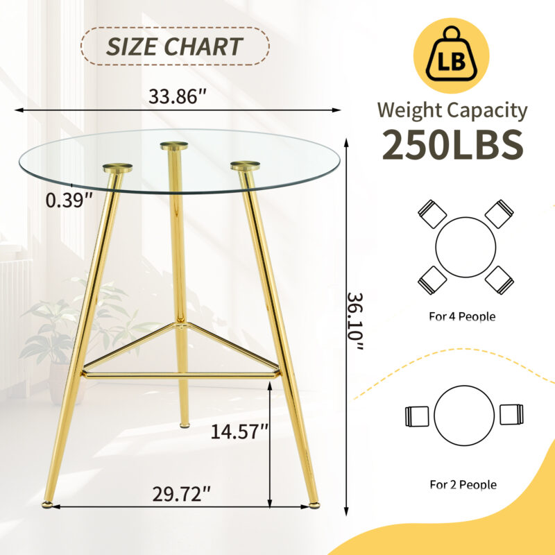 36 Inch Height Bar Table, 34 Inch Round Tempered Glass Top Pub Table with Chrome-Plated Golden Metal Legs, Modern Bistro Table for Kitchen Island/Bar/Cafe - Image 4
