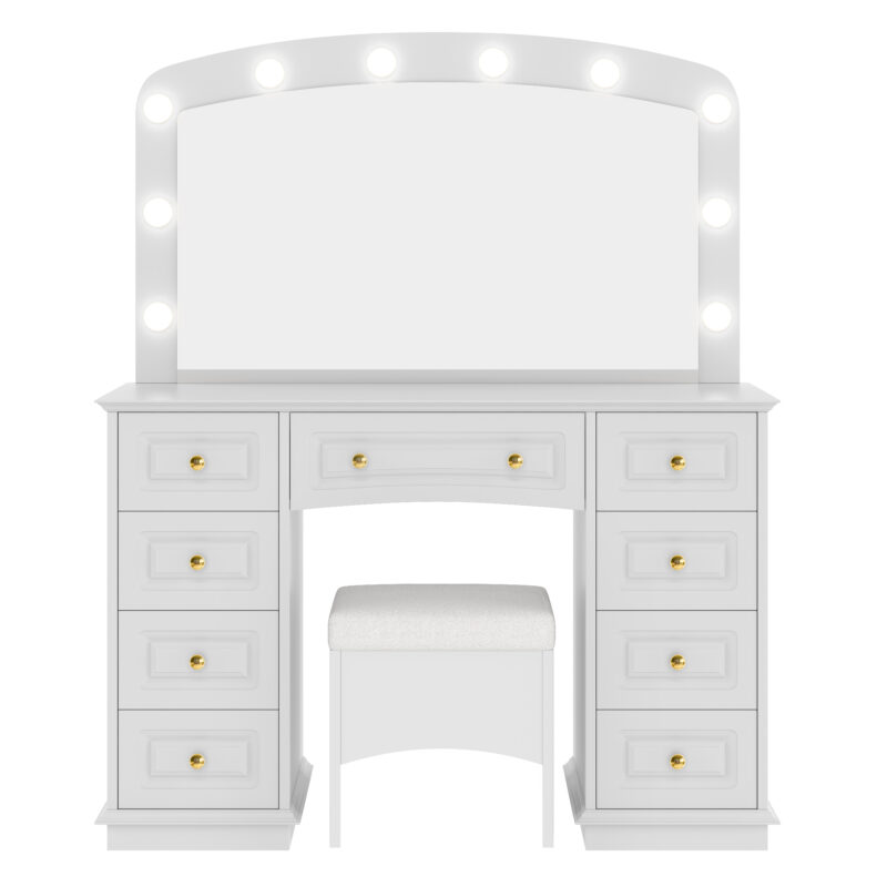 Luxurious Makeup Vanity with 10 Hollywood Bulbs, 3 Color Lighting Modes, Classic Dressing Table with Cushioned Stool and 9 Storage Drawers for Bedroom - Image 12