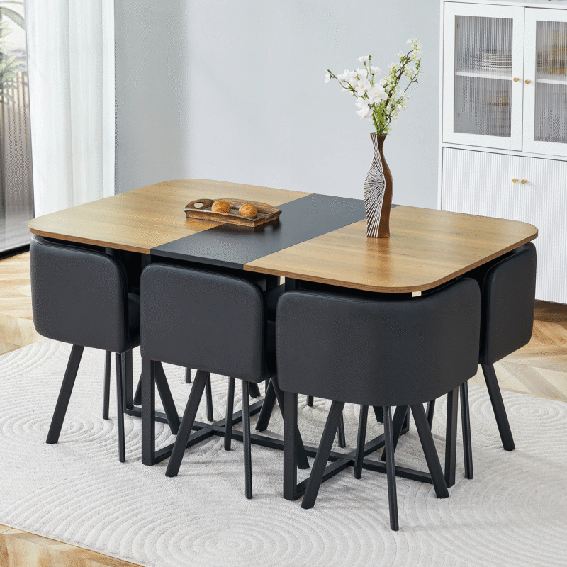 7-Piece Dining Table Set for 6, 1 Table & 6 Black PU Upholstered Chairs, Black & Wood Grain Melamine Table, Modern Kitchen Nook Set for Dining Room, Apartment & Small Space - Image 3