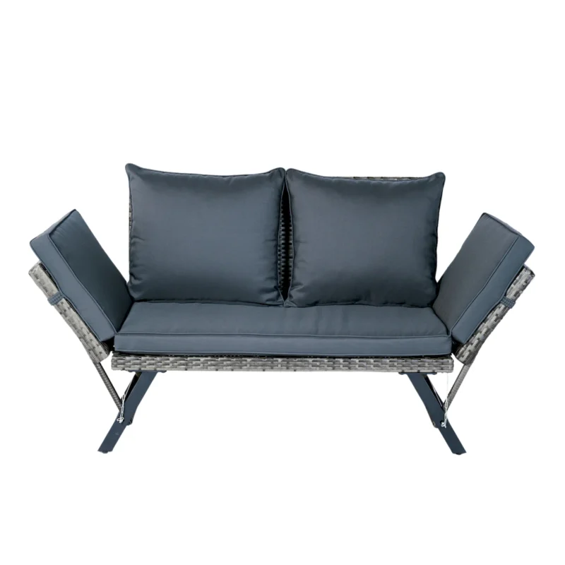 1 PCS Patio Wicker Side Foldable Bench Patio Backyard Conversation Bench Grey Wicker + Dark Grey Cushion - Image 2