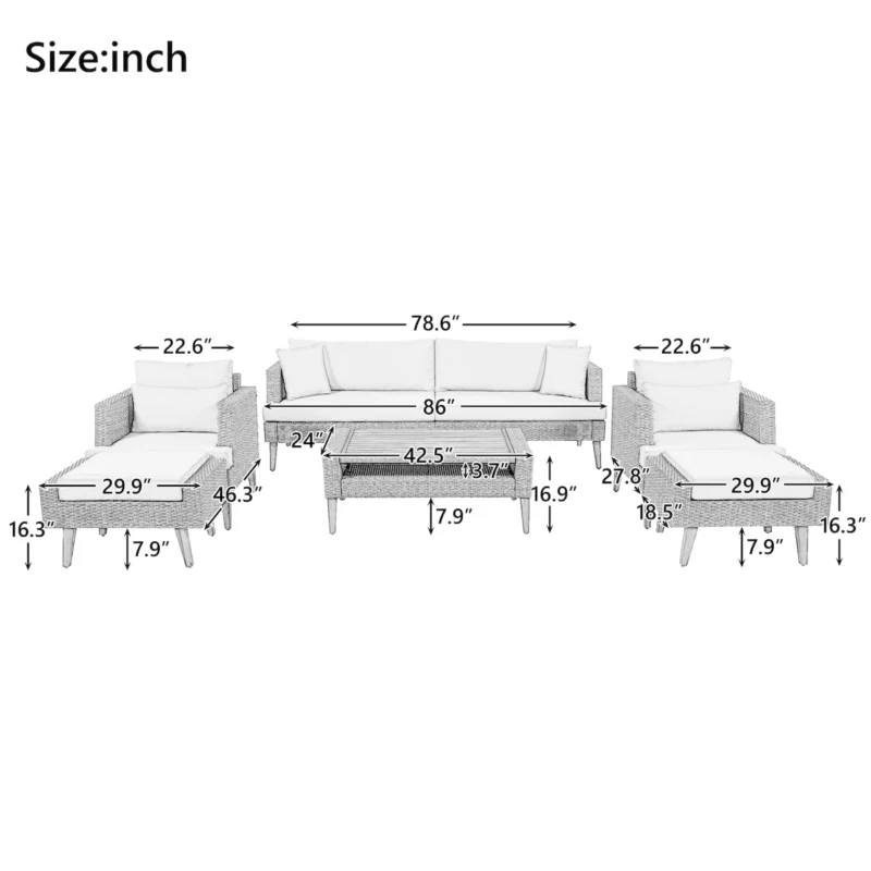 6-Pieces All Weather PE Wicker Sofa Set, Outdoor Rattan sofa With Double Cushions, Wood Legs Wood Table Top, Beige and Gray - Image 2