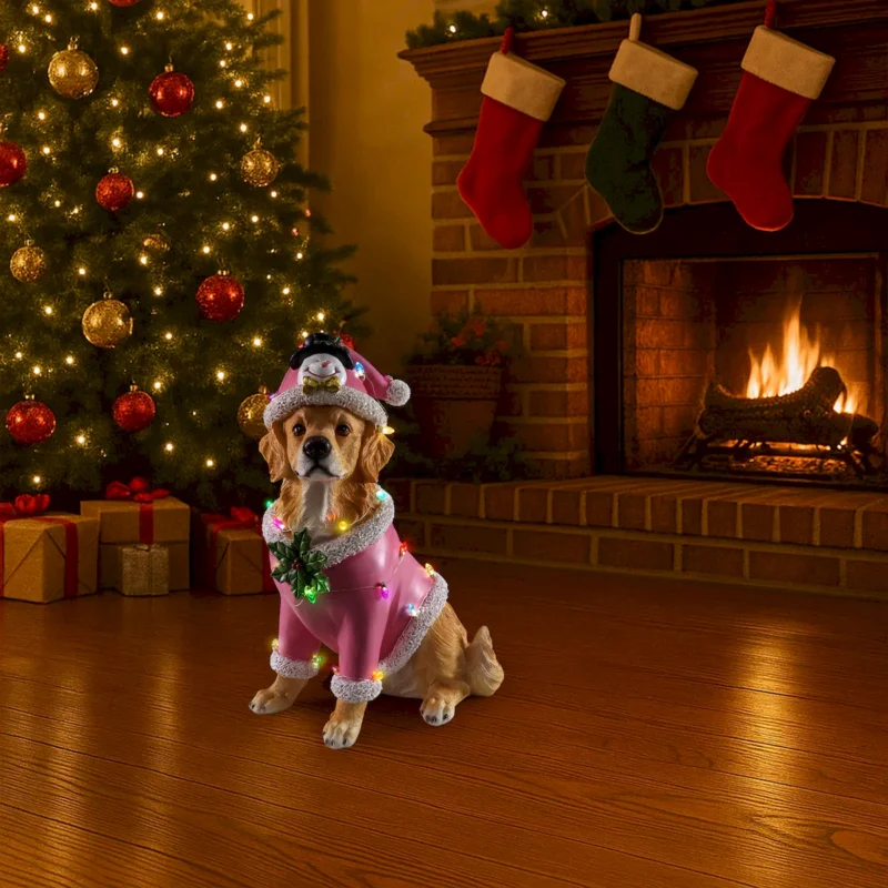 Christmas Golden Retriever Statue, Holiday Dog Figurine in Pink Santa Outfit - Image 11