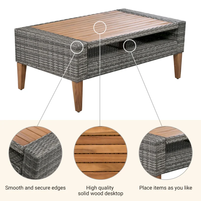 6-Pieces All Weather PE Wicker Sofa Set, Outdoor Rattan sofa With Double Cushions, Wood Legs Wood Table Top, Beige and Gray - Image 11