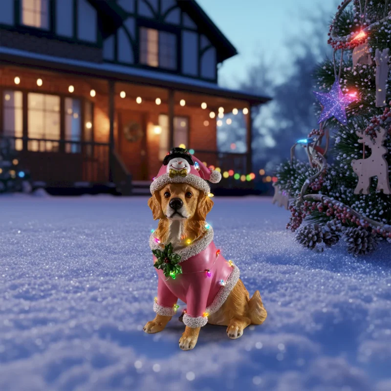 Christmas Golden Retriever Statue, Holiday Dog Figurine in Pink Santa Outfit - Image 12