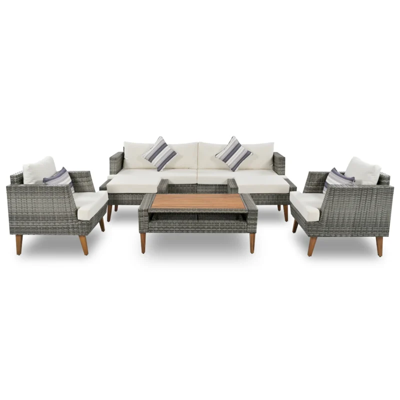 6-Pieces All Weather PE Wicker Sofa Set, Outdoor Rattan sofa With Double Cushions, Wood Legs Wood Table Top, Beige and Gray - Image 12