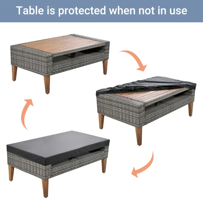 6-Pieces All Weather PE Wicker Sofa Set, Outdoor Rattan sofa With Double Cushions, Wood Legs Wood Table Top, Beige and Gray - Image 13
