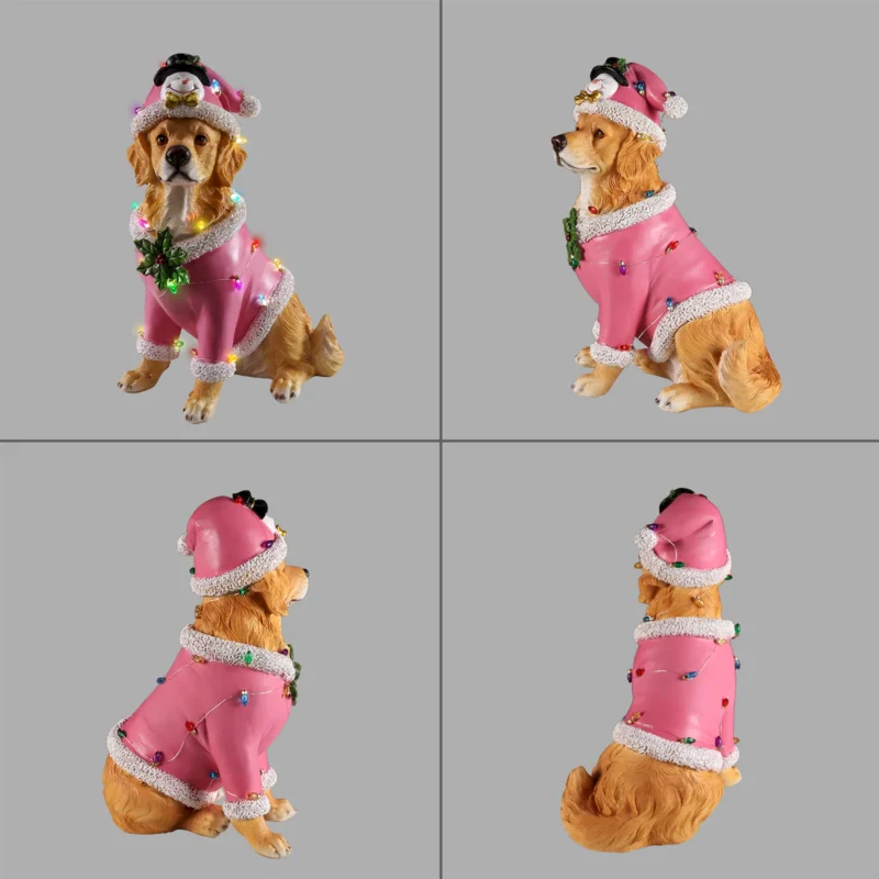 Christmas Golden Retriever Statue, Holiday Dog Figurine in Pink Santa Outfit - Image 13