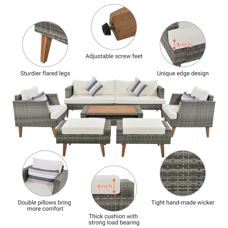 6-Pieces All Weather PE Wicker Sofa Set, Outdoor Rattan sofa With Double Cushions, Wood Legs Wood Table Top, Beige and Gray - Image 14