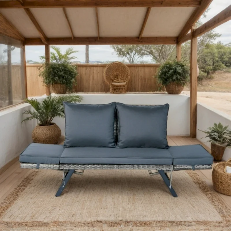 1 PCS Patio Wicker Side Foldable Bench Patio Backyard Conversation Bench Grey Wicker + Dark Grey Cushion - Image 14