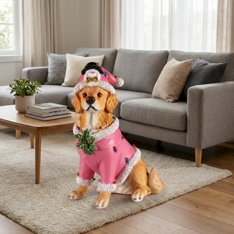 Christmas Golden Retriever Statue, Holiday Dog Figurine in Pink Santa Outfit - Image 14