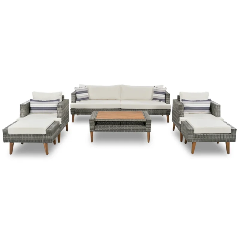 6-Pieces All Weather PE Wicker Sofa Set, Outdoor Rattan sofa With Double Cushions, Wood Legs Wood Table Top, Beige and Gray - Image 15